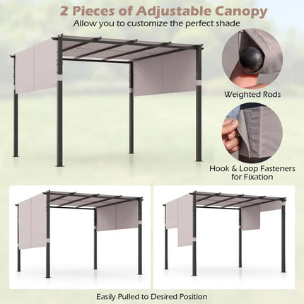 10 x 10 ft Flat Top Pergola with Retractable Canopy for Garden Pool Porch and Backyard-Gray - Gray - Gazebos