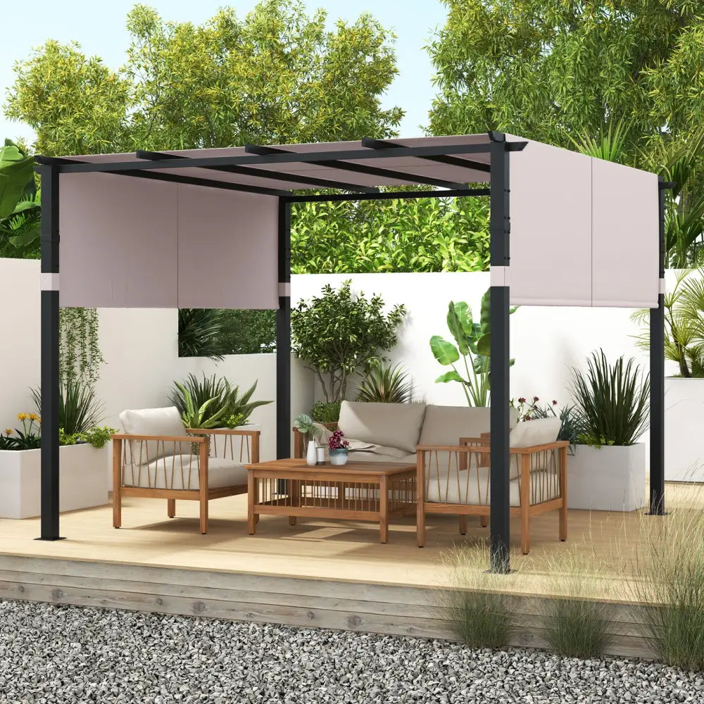 10 x 10 ft Flat Top Pergola with Retractable Canopy for Garden Pool Porch and Backyard-Gray - Gray - Gazebos