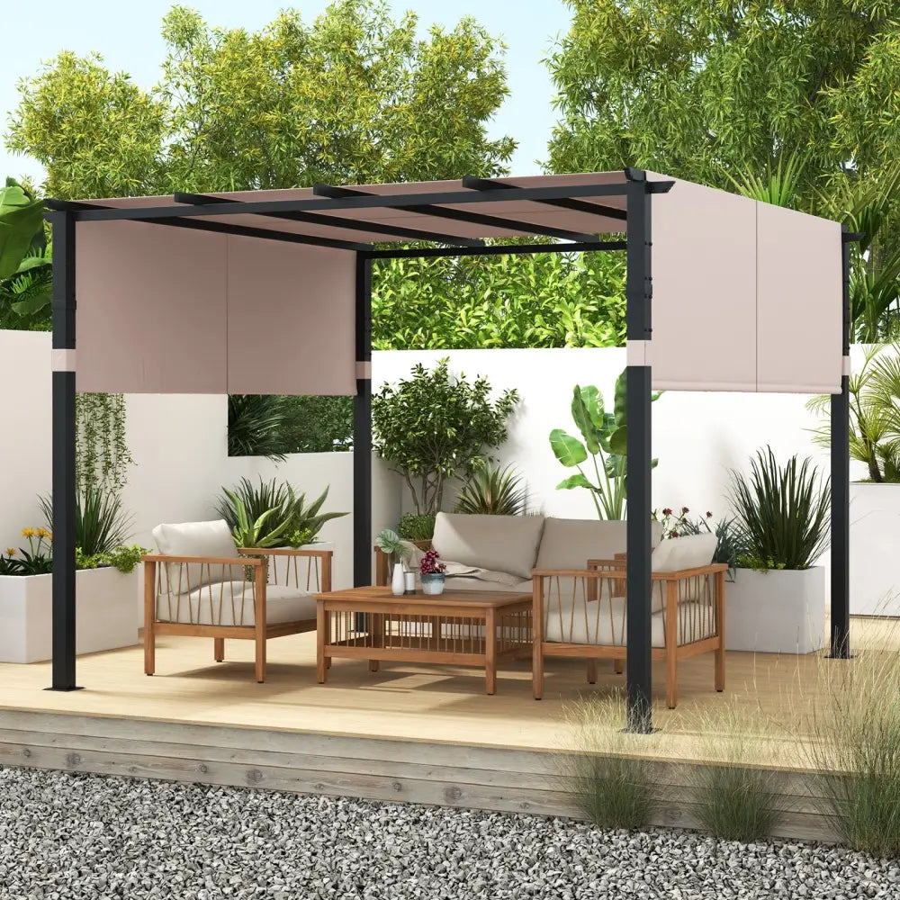 10 x 10 ft Flat Top Pergola with Retractable Canopy for Garden Pool Porch and Backyard-Beige - Beige - Gazebos