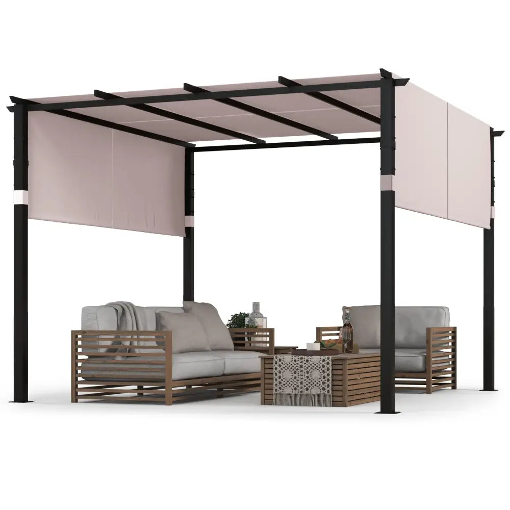 10 x 10 ft Flat Top Pergola with Retractable Canopy for Garden Pool Porch and Backyard-Gray - Gray - Gazebos