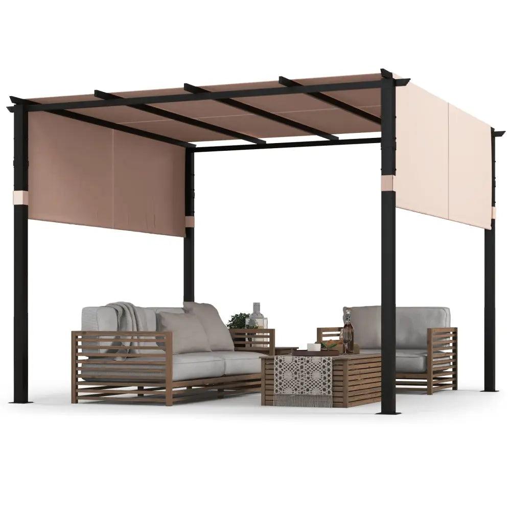 10 x 10 ft Flat Top Pergola with Retractable Canopy for Garden Pool Porch and Backyard-Beige - Beige - Gazebos