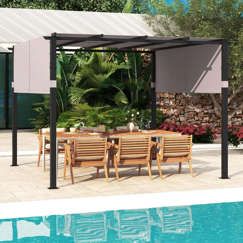10 x 10 ft Flat Top Pergola with Retractable Canopy for Garden Pool Porch and Backyard-Gray - Gray - Gazebos