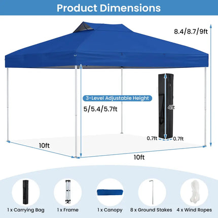 10 X 10 FT Foldable Outdoor Patio Shelter Canopy Tent with 1-Push Center Lock-Blue - Blue - Canopies