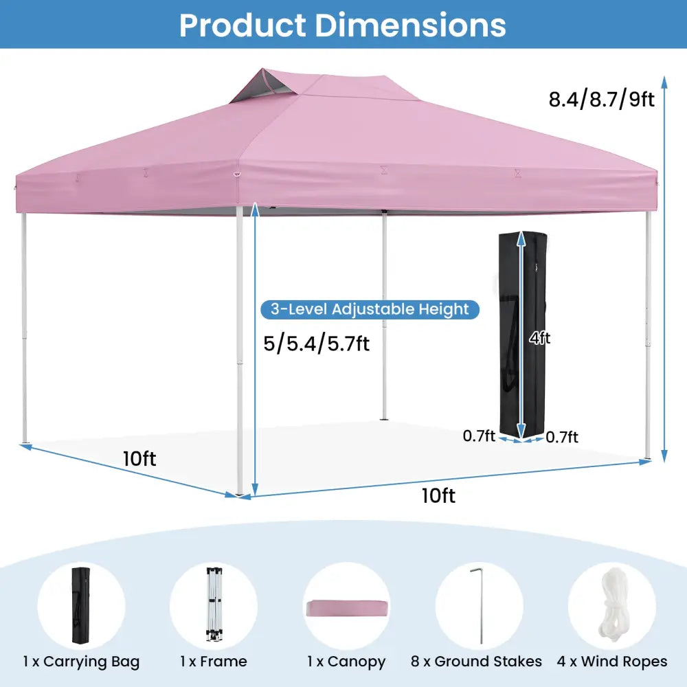 10 X 10 FT Foldable Outdoor Patio Shelter Canopy Tent with 1-Push Center Lock-Pink - Pink - Canopies