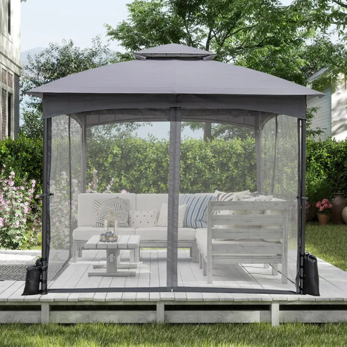 10 X 10 FT Heavy-Duty Patio Gazebo with Netting Walls and 4 Sandbags-Gray - Gray - Gazebos