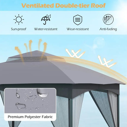 10 X 10 FT Heavy-Duty Patio Gazebo with Netting Walls and 4 Sandbags-Gray - Gray - Gazebos