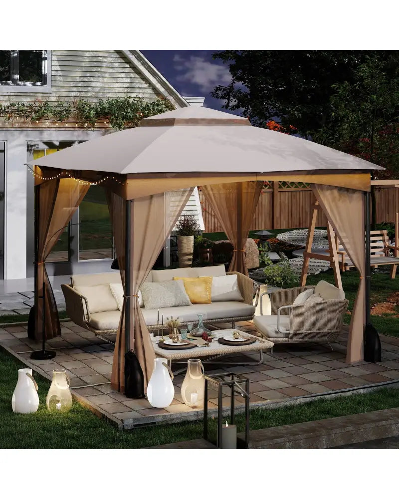 10 X 10 FT Heavy-Duty Patio Gazebo with Netting Walls and 4 Sandbags-Khaki - Khaki - Gazebos