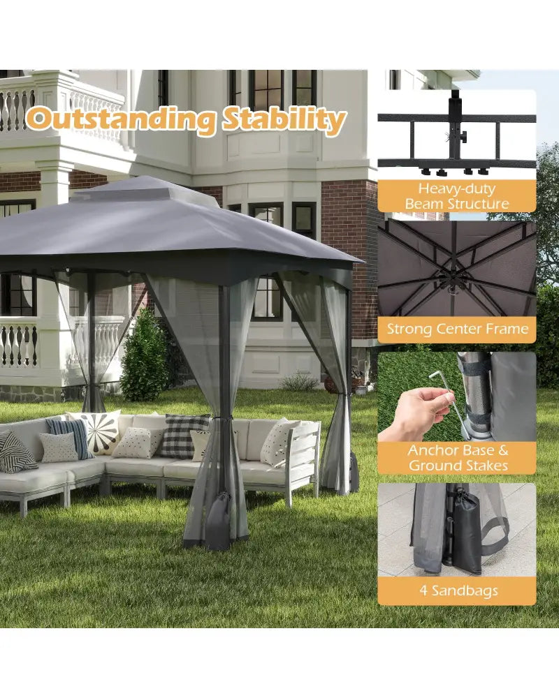 10 X 10 FT Heavy-Duty Patio Gazebo with Netting Walls and 4 Sandbags-Gray - Gray - Gazebos