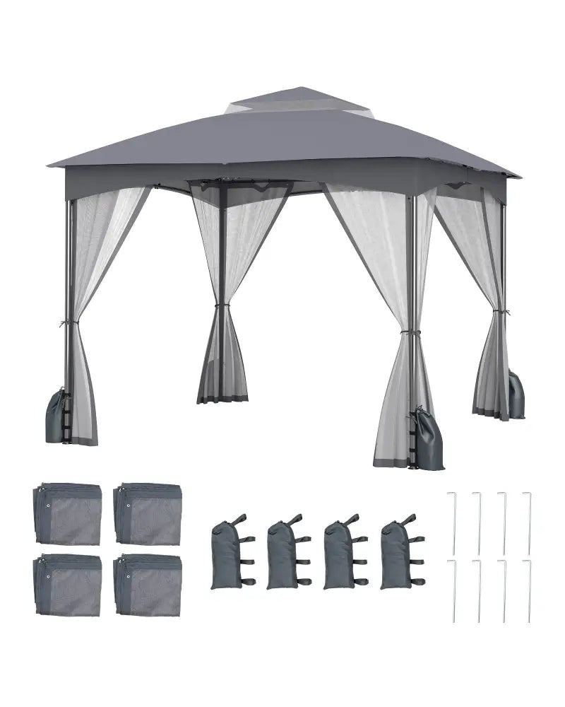 10 X 10 FT Heavy-Duty Patio Gazebo with Netting Walls and 4 Sandbags-Gray - Gray - Gazebos