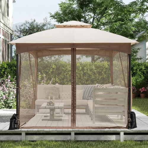 10 X 10 FT Heavy-Duty Patio Gazebo with Netting Walls and 4 Sandbags-Khaki - Khaki - Gazebos