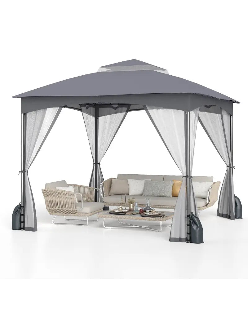10 X 10 FT Heavy-Duty Patio Gazebo with Netting Walls and 4 Sandbags-Gray - Gray - Gazebos