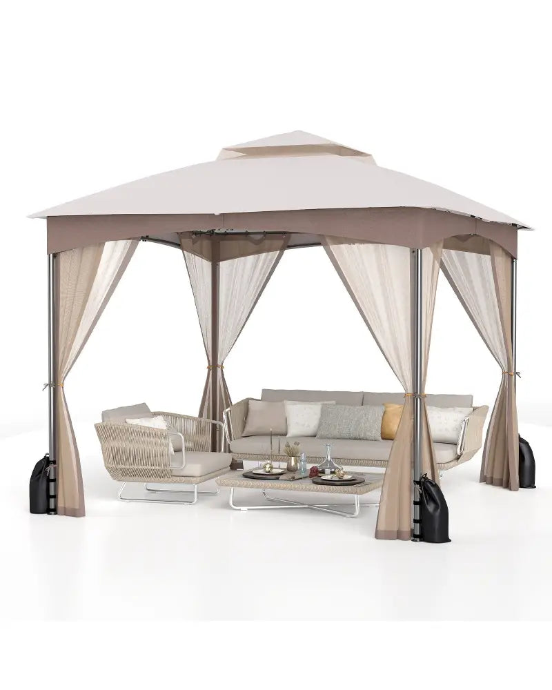 10 X 10 FT Heavy-Duty Patio Gazebo with Netting Walls and 4 Sandbags-Khaki - Khaki - Gazebos