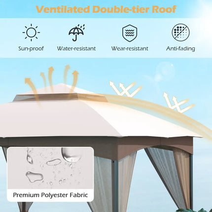 10 X 10 FT Heavy-Duty Patio Gazebo with Netting Walls and 4 Sandbags-Khaki - Khaki - Gazebos
