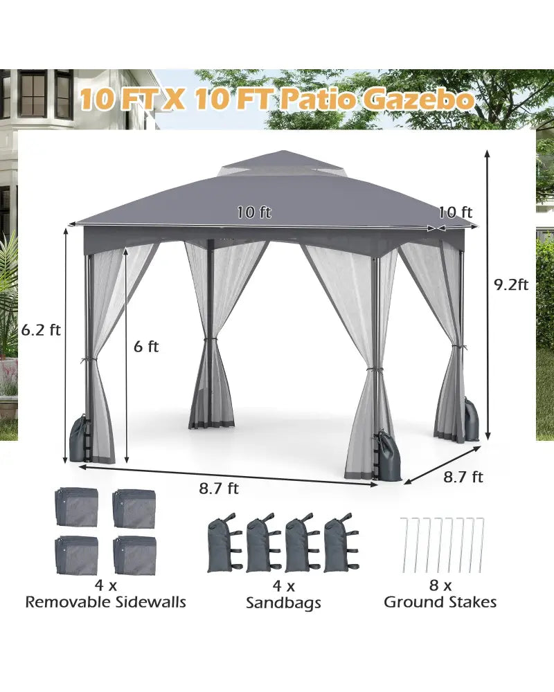 10 X 10 FT Heavy-Duty Patio Gazebo with Netting Walls and 4 Sandbags-Gray - Gray - Gazebos