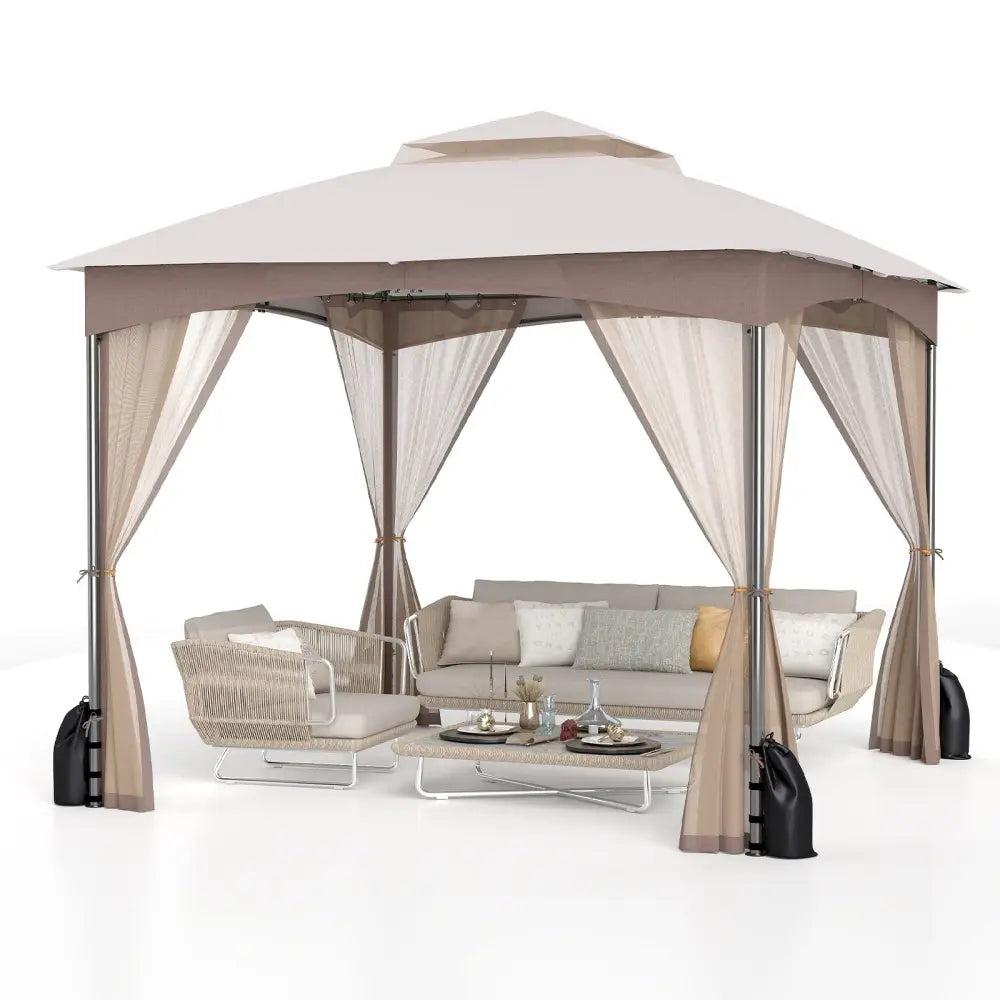 10 X 10 FT Heavy-Duty Patio Gazebo with Netting Walls and 4 Sandbags-Khaki - Khaki - Gazebos