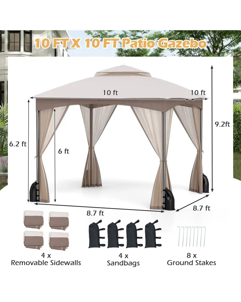 10 X 10 FT Heavy-Duty Patio Gazebo with Netting Walls and 4 Sandbags-Khaki - Khaki - Gazebos