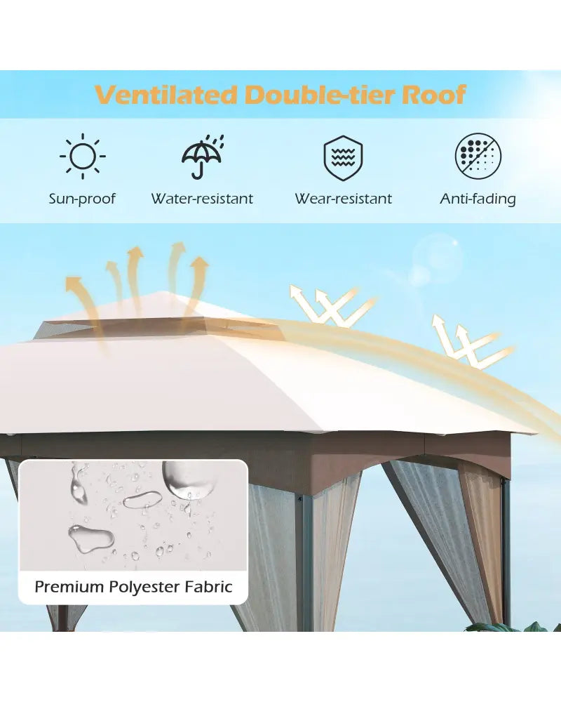 10 X 10 FT Heavy-Duty Patio Gazebo with Netting Walls and 4 Sandbags-Khaki - Khaki - Gazebos