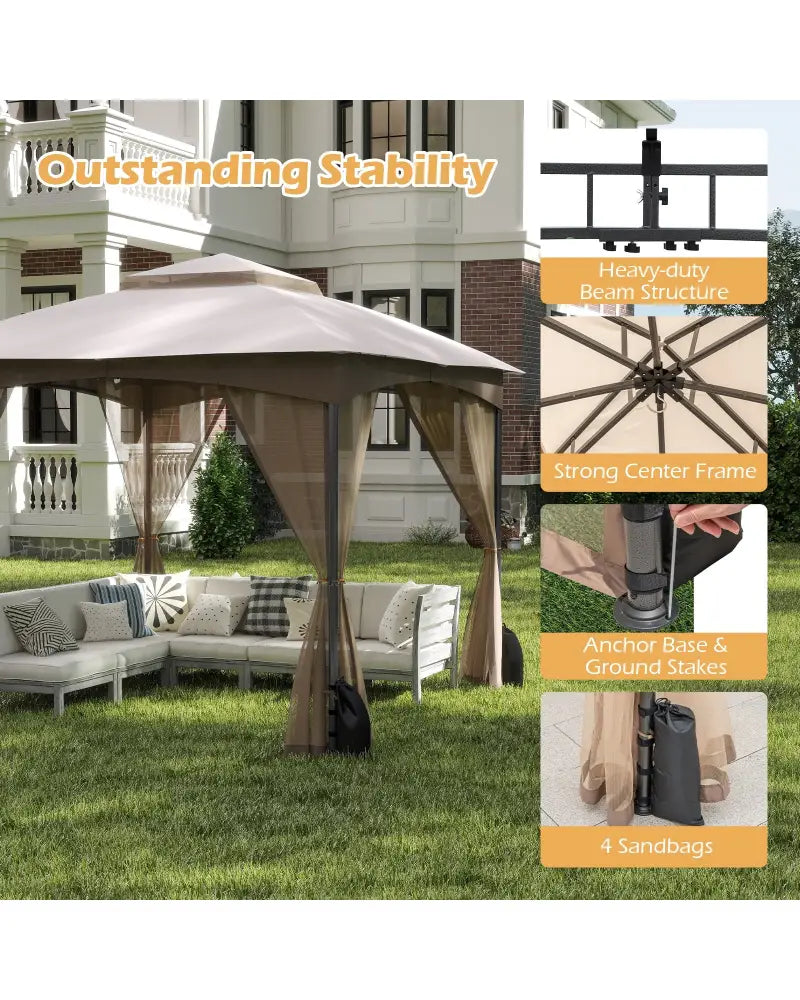 10 X 10 FT Heavy-Duty Patio Gazebo with Netting Walls and 4 Sandbags-Khaki - Khaki - Gazebos