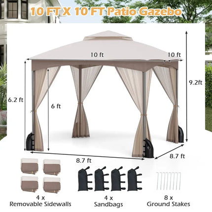 10 X 10 FT Heavy-Duty Patio Gazebo with Netting Walls and 4 Sandbags-Khaki - Khaki - Gazebos