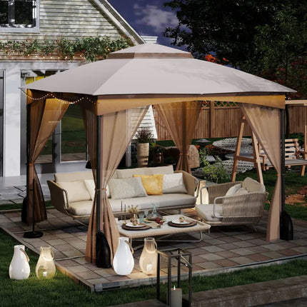 10 X 10 FT Heavy-Duty Patio Gazebo with Netting Walls and 4 Sandbags-Khaki - Khaki - Gazebos