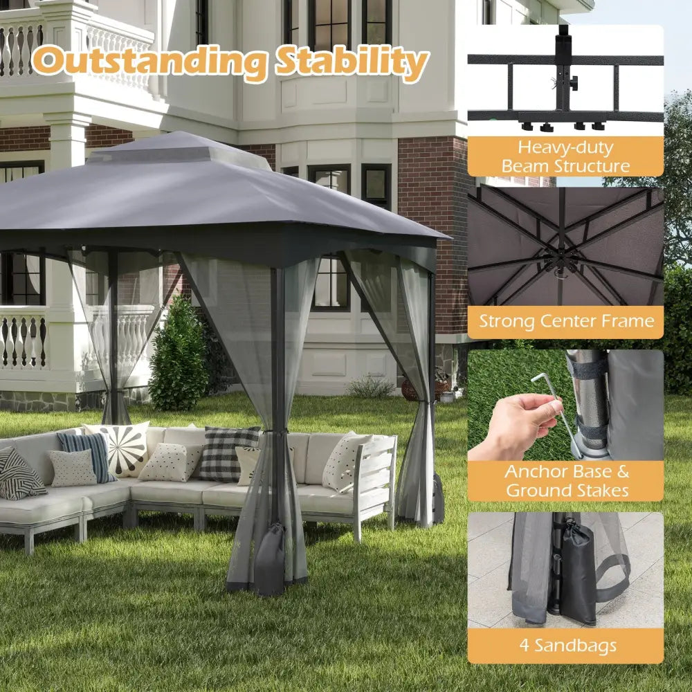 10 X 10 FT Heavy-Duty Patio Gazebo with Netting Walls and 4 Sandbags-Gray - Gray - Gazebos