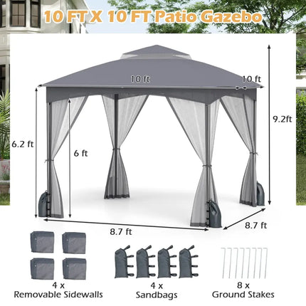 10 X 10 FT Heavy-Duty Patio Gazebo with Netting Walls and 4 Sandbags-Gray - Gray - Gazebos