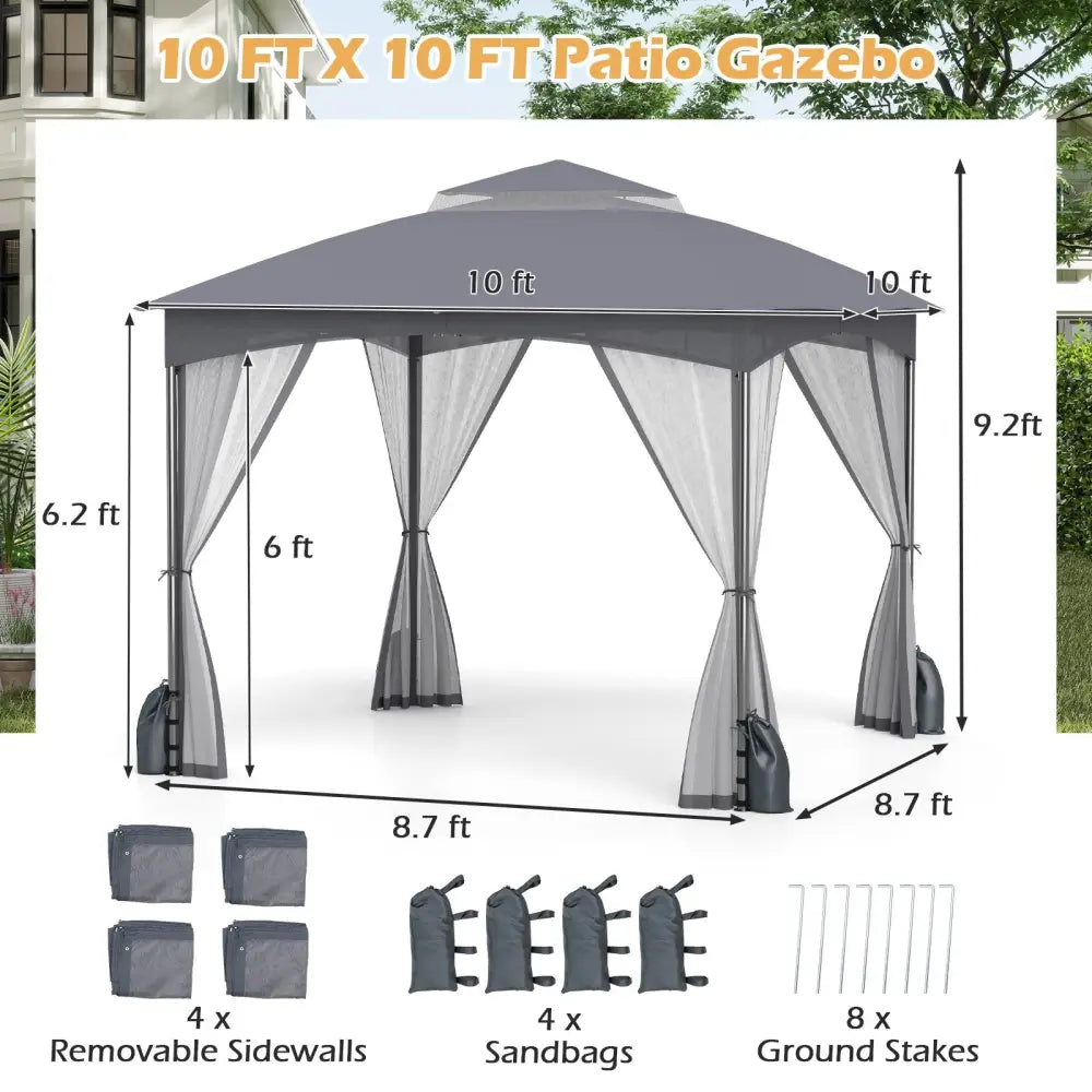 10 X 10 FT Heavy-Duty Patio Gazebo with Netting Walls and 4 Sandbags-Gray - Gray - Gazebos