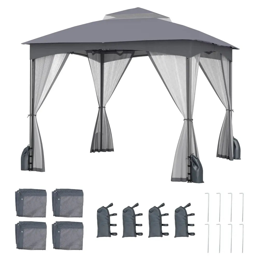 10 X 10 FT Heavy-Duty Patio Gazebo with Netting Walls and 4 Sandbags-Gray - Gray - Gazebos