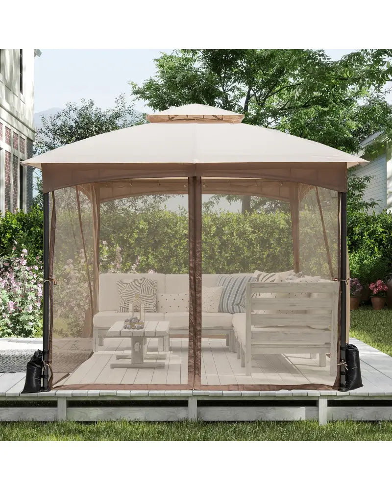 10 X 10 FT Heavy-Duty Patio Gazebo with Netting Walls and 4 Sandbags-Khaki - Khaki - Gazebos