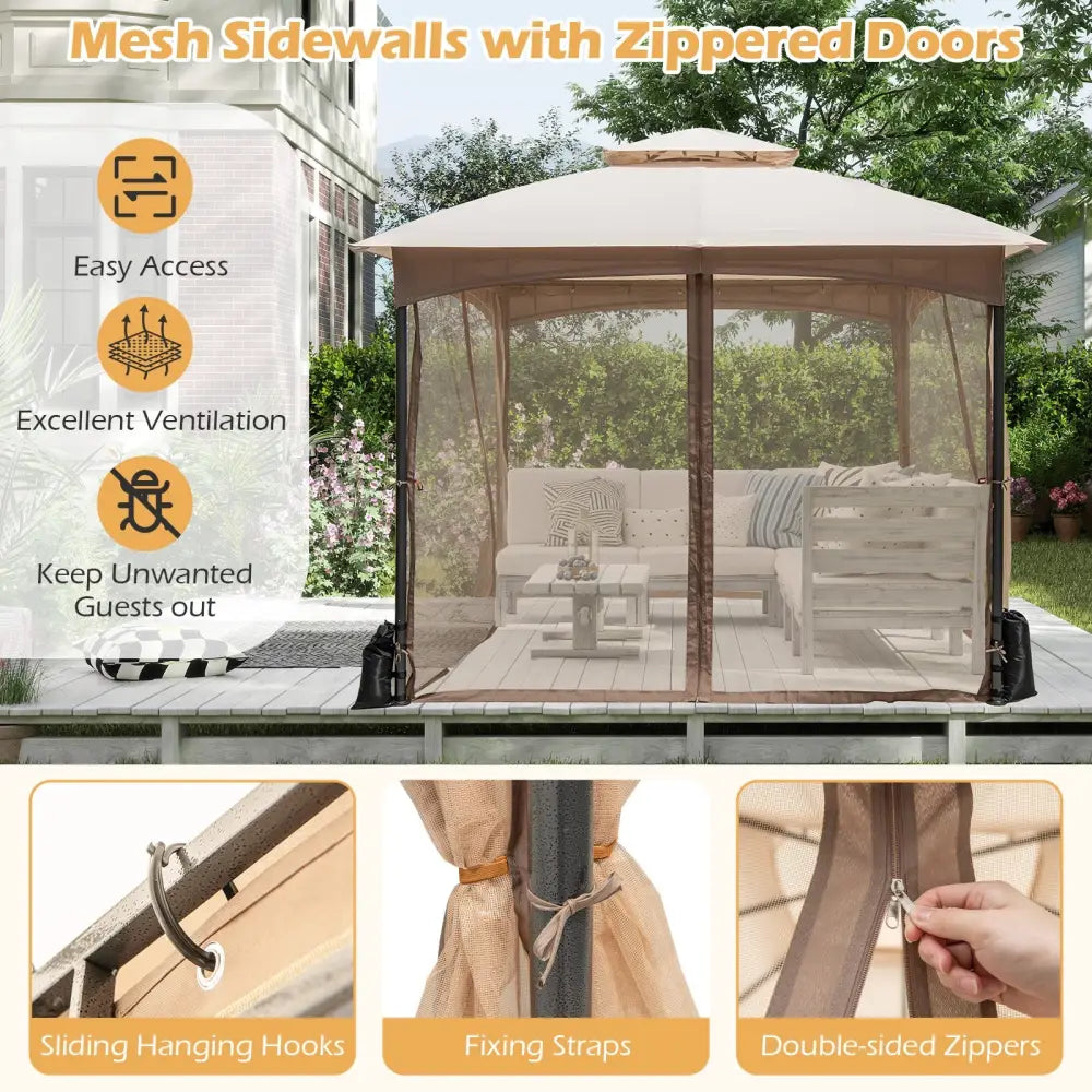 10 X 10 FT Heavy-Duty Patio Gazebo with Netting Walls and 4 Sandbags-Khaki - Khaki - Gazebos