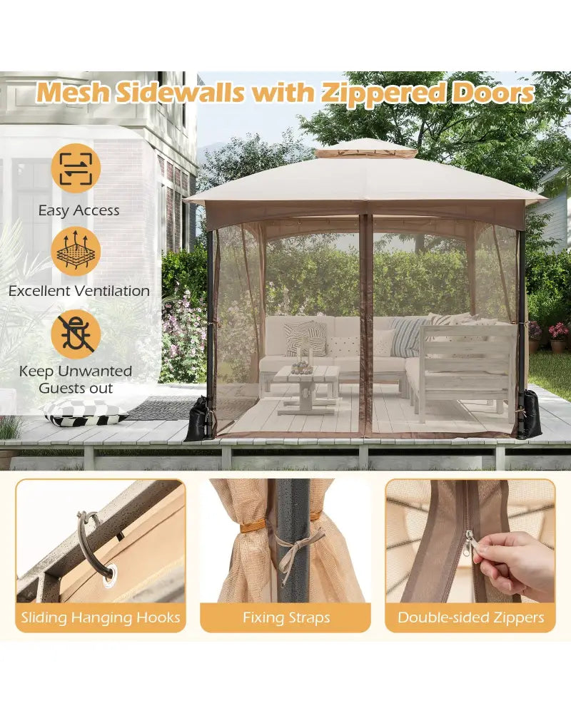 10 X 10 FT Heavy-Duty Patio Gazebo with Netting Walls and 4 Sandbags-Khaki - Khaki - Gazebos