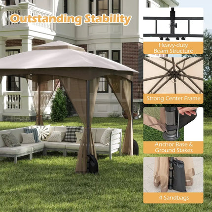 10 X 10 FT Heavy-Duty Patio Gazebo with Netting Walls and 4 Sandbags-Khaki - Khaki - Gazebos