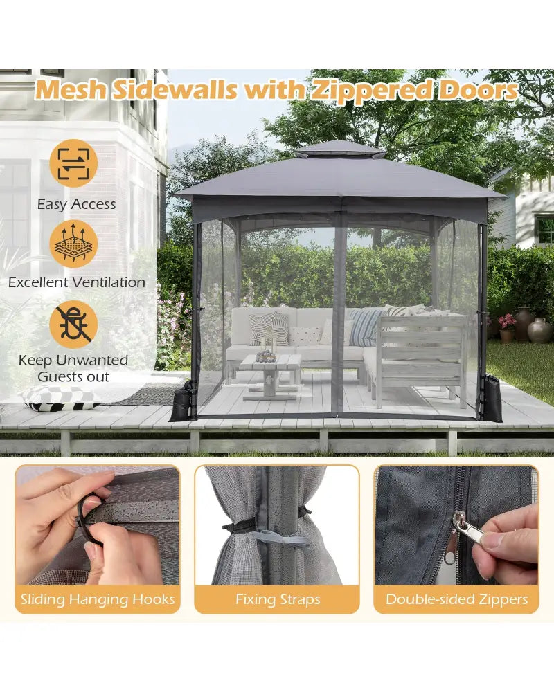 10 X 10 FT Heavy-Duty Patio Gazebo with Netting Walls and 4 Sandbags-Gray - Gray - Gazebos