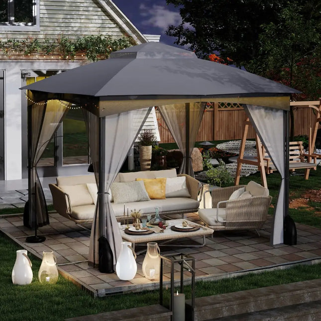 10 X 10 FT Heavy-Duty Patio Gazebo with Netting Walls and 4 Sandbags-Gray - Gray - Gazebos