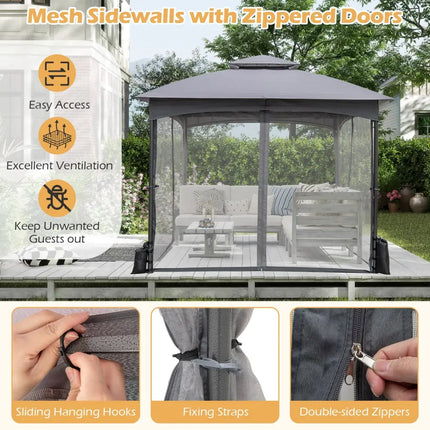 10 X 10 FT Heavy-Duty Patio Gazebo with Netting Walls and 4 Sandbags-Gray - Gray - Gazebos
