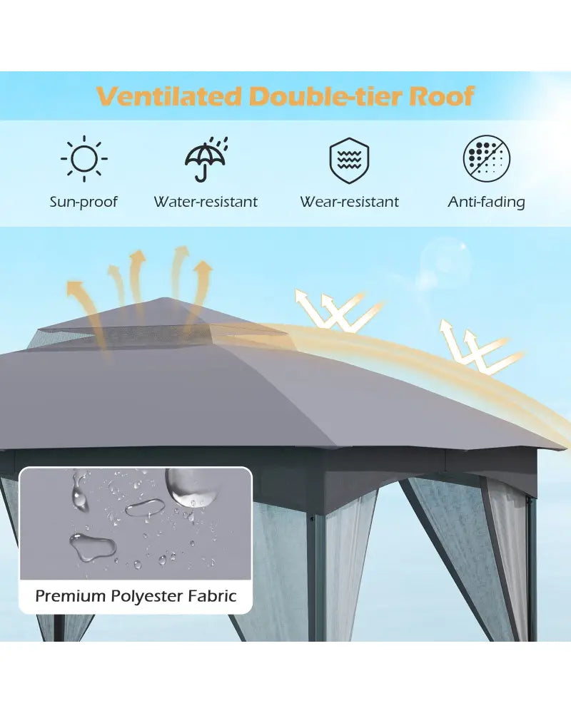 10 X 10 FT Heavy-Duty Patio Gazebo with Netting Walls and 4 Sandbags-Gray - Gray - Gazebos