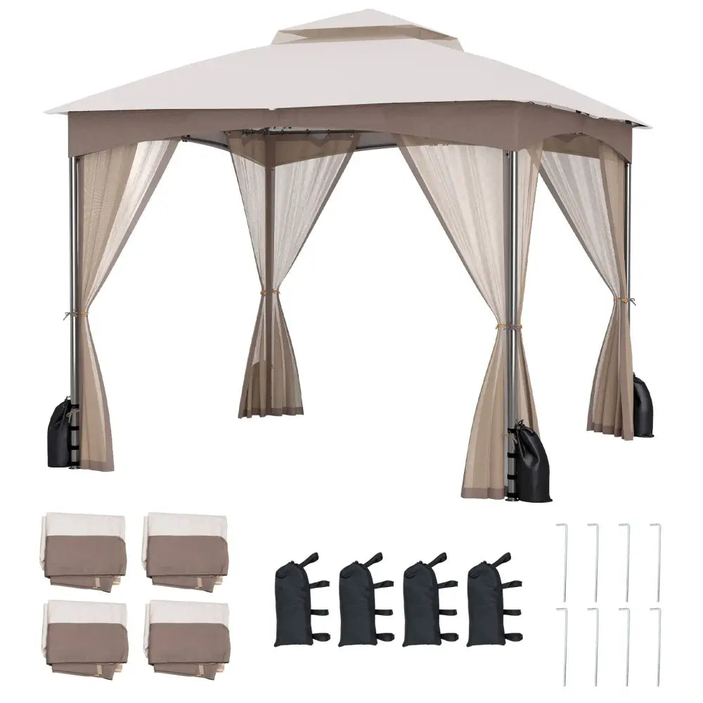 10 X 10 FT Heavy-Duty Patio Gazebo with Netting Walls and 4 Sandbags-Khaki - Khaki - Gazebos