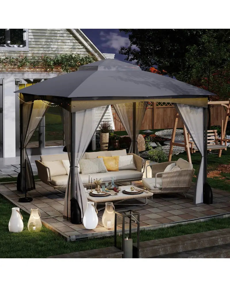 10 X 10 FT Heavy-Duty Patio Gazebo with Netting Walls and 4 Sandbags-Gray - Gray - Gazebos