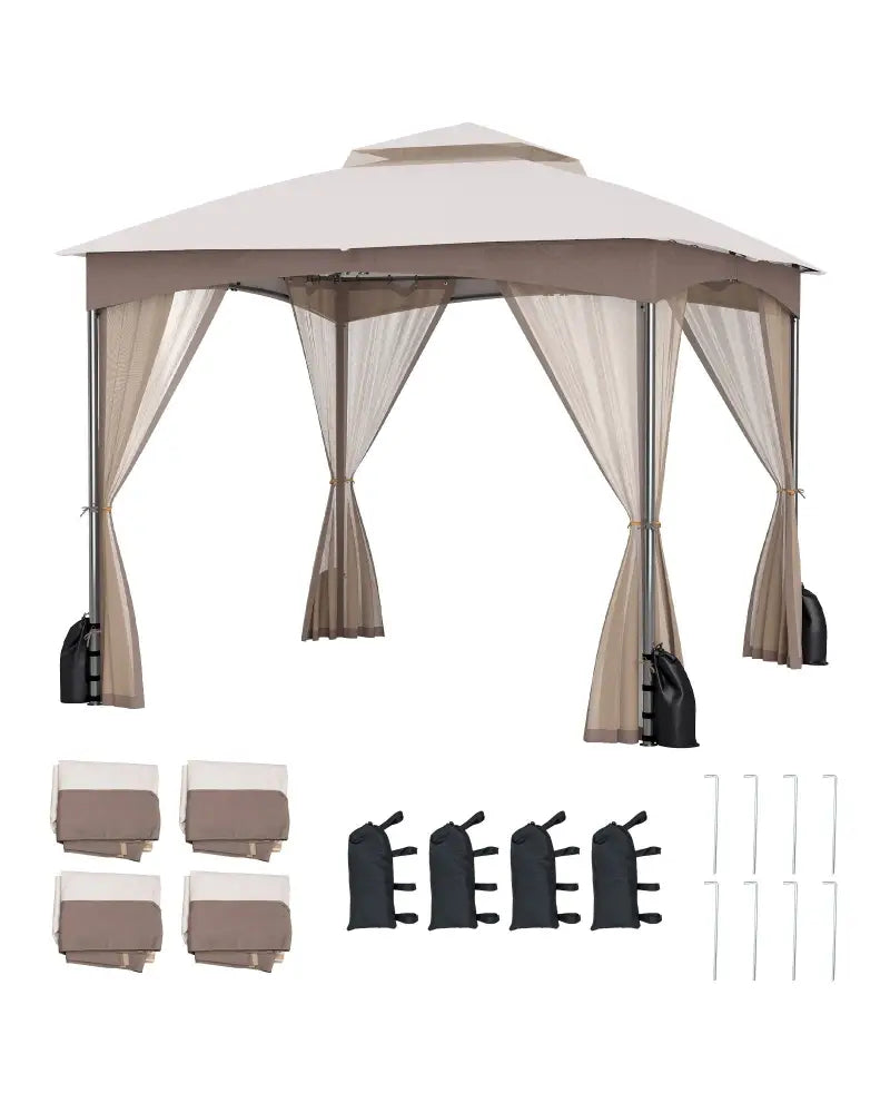 10 X 10 FT Heavy-Duty Patio Gazebo with Netting Walls and 4 Sandbags-Khaki - Khaki - Gazebos