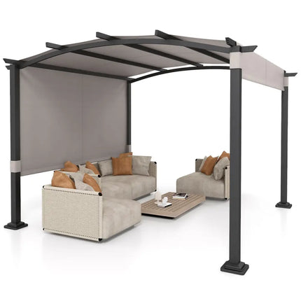 10 x 10 ft Outdoor Pergola Modern Arched Patio Garden Shelter with Retractable Sunshade Canopy-Gray - Gray - Gazebos