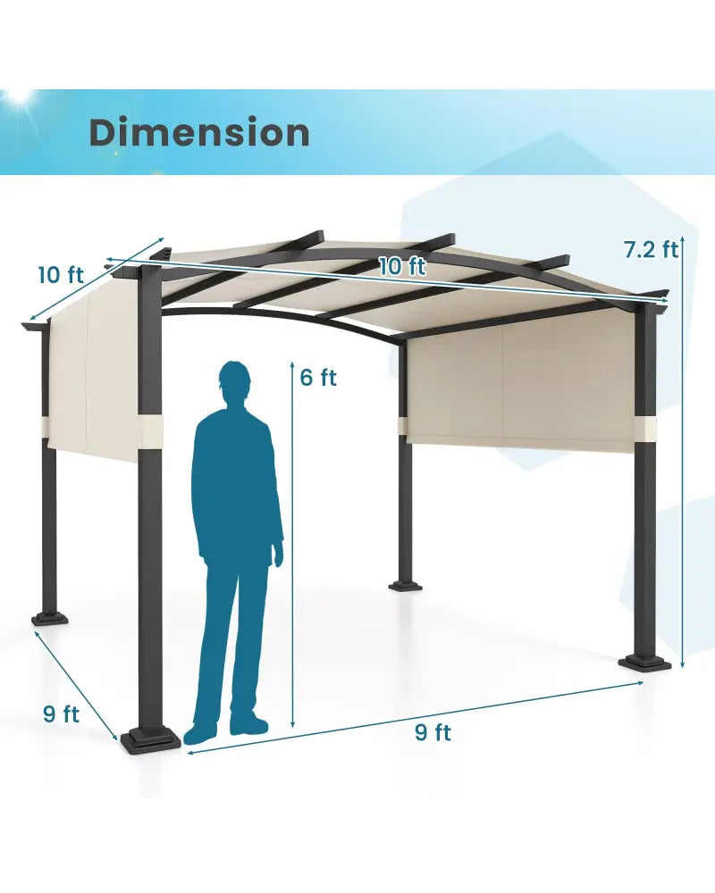 10 x 10 ft Outdoor Pergola Modern Arched Patio Garden Shelter with Retractable Sunshade Canopy-Beige - Beige - Gazebos