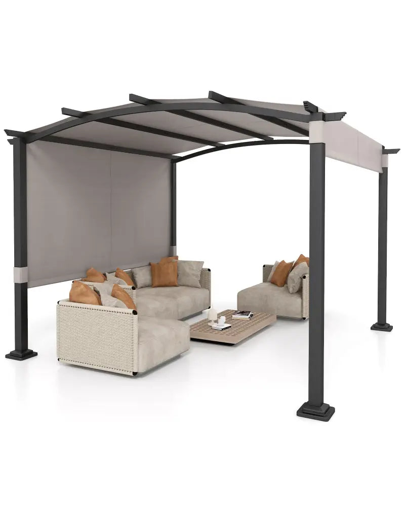 10 x 10 ft Outdoor Pergola Modern Arched Patio Garden Shelter with Retractable Sunshade Canopy-Gray - Gray - Gazebos