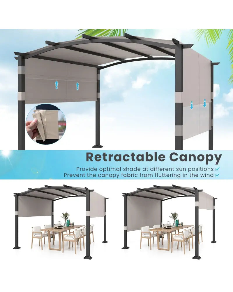 10 x 10 ft Outdoor Pergola Modern Arched Patio Garden Shelter with Retractable Sunshade Canopy-Gray - Gray - Gazebos
