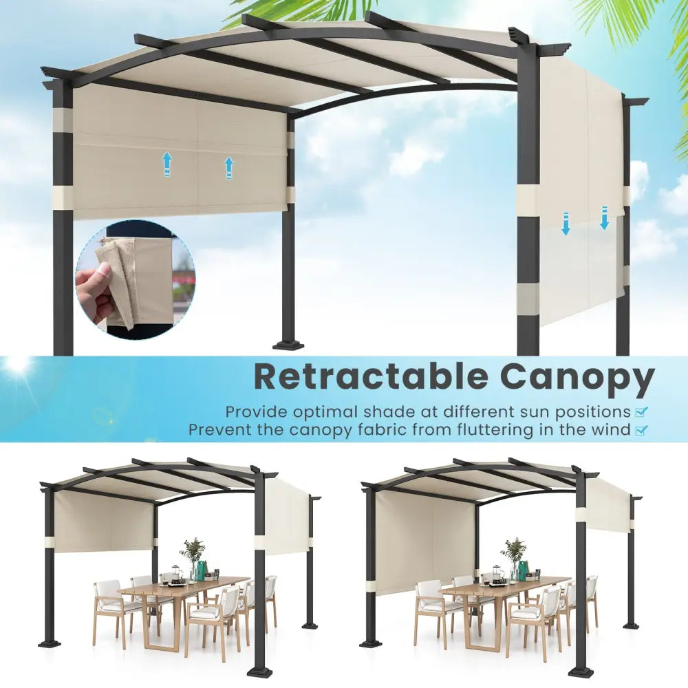 10 x 10 ft Outdoor Pergola Modern Arched Patio Garden Shelter with Retractable Sunshade Canopy-Beige - Beige - Gazebos