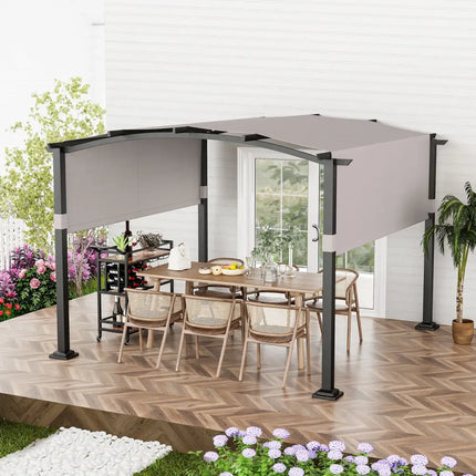 10 x 10 ft Outdoor Pergola Modern Arched Patio Garden Shelter with Retractable Sunshade Canopy-Gray - Gray - Gazebos