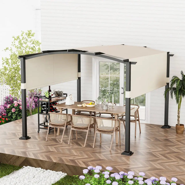 10 x 10 ft Outdoor Pergola Modern Arched Patio Garden Shelter with Retractable Sunshade Canopy-Beige - Beige - Gazebos