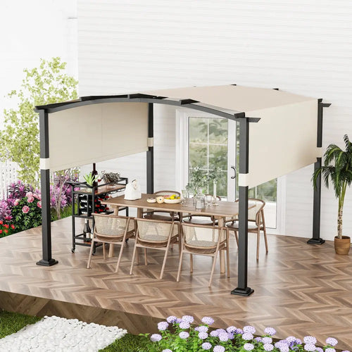 10 x 10 ft Outdoor Pergola Modern Arched Patio Garden Shelter with Retractable Sunshade Canopy-Beige - Beige - Gazebos