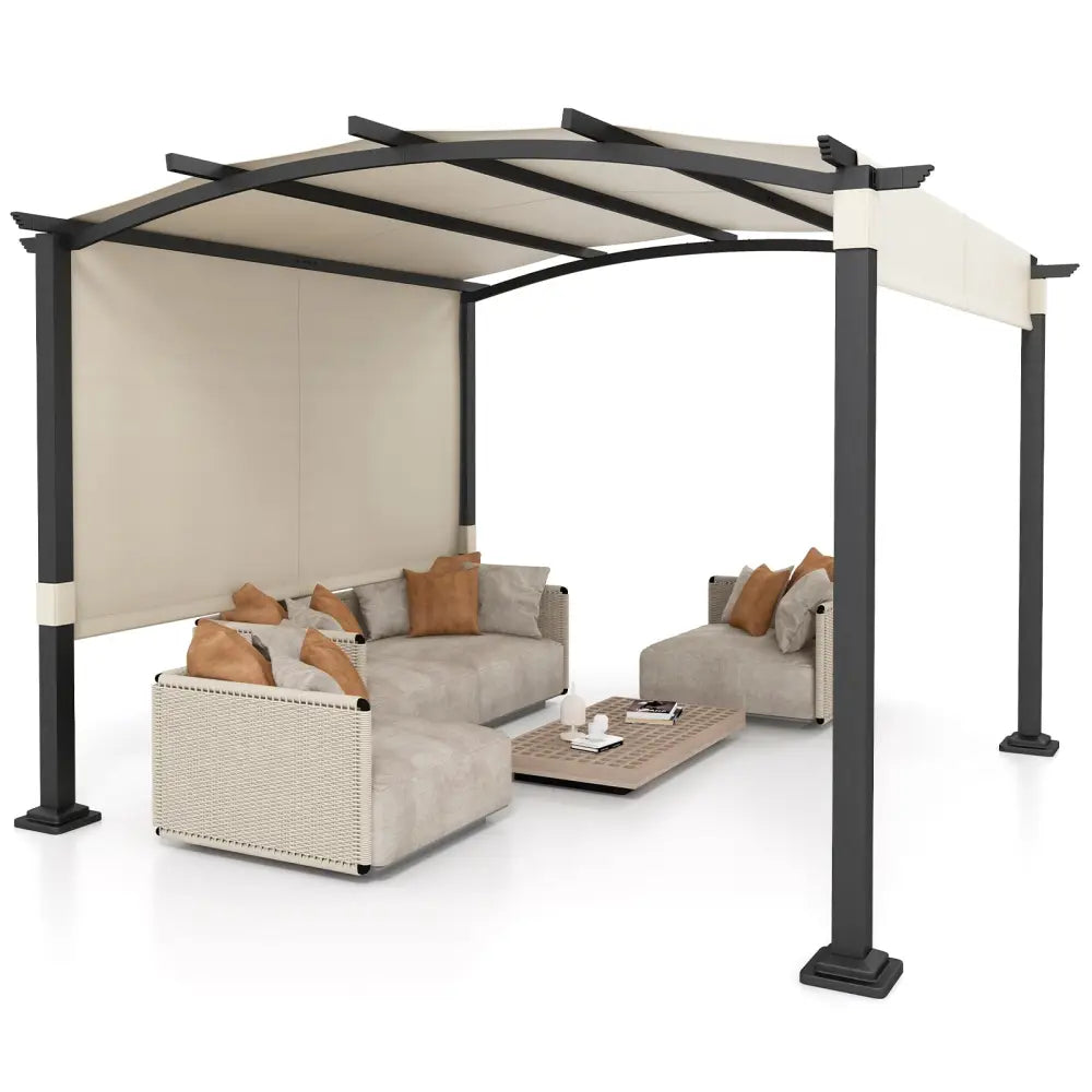 10 x 10 ft Outdoor Pergola Modern Arched Patio Garden Shelter with Retractable Sunshade Canopy-Beige - Beige - Gazebos