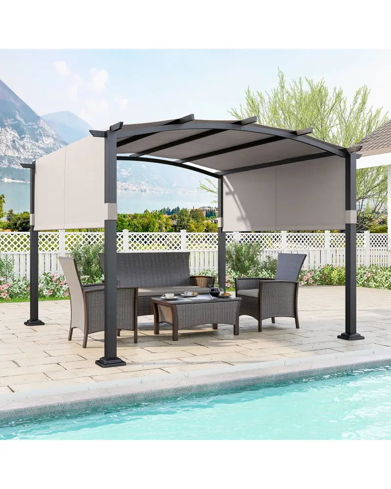 10 x 10 ft Outdoor Pergola Modern Arched Patio Garden Shelter with Retractable Sunshade Canopy-Gray - Gray - Gazebos