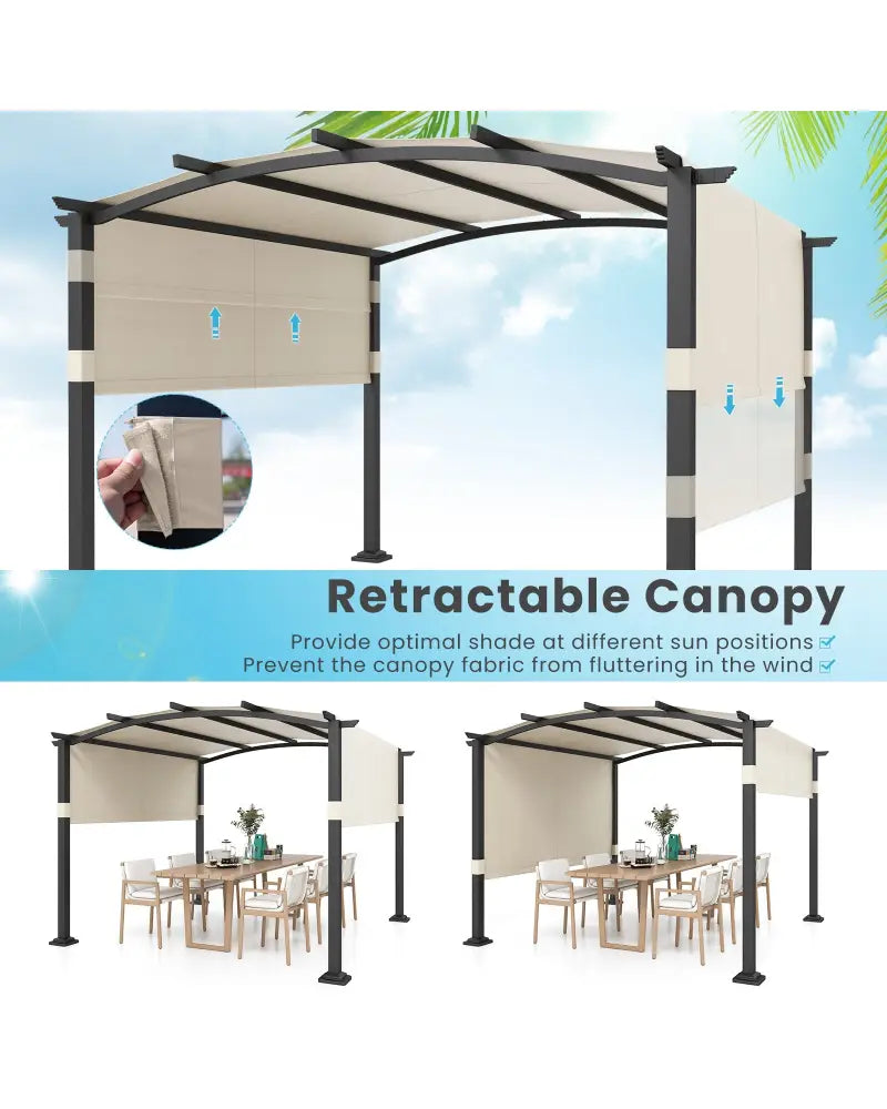 10 x 10 ft Outdoor Pergola Modern Arched Patio Garden Shelter with Retractable Sunshade Canopy-Beige - Beige - Gazebos